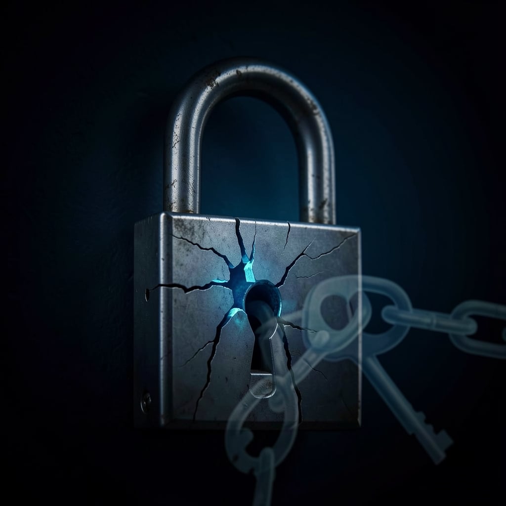 Cracked lock with eerie glow, surrounded by dark gradient and ghostly cryptographic chain.
