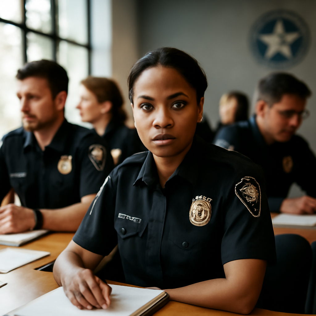Woman in police uniform sits with colleagues in meeting room.