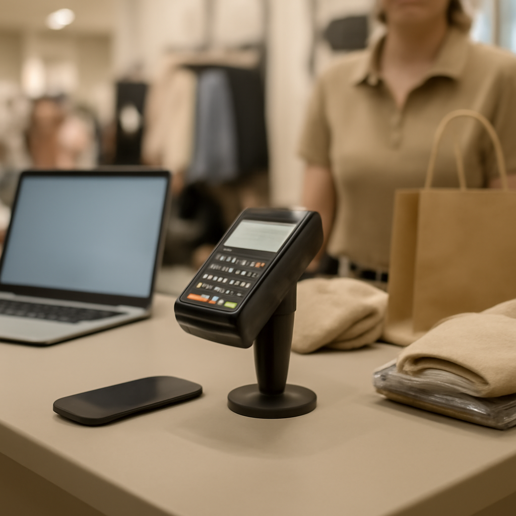 Retail store checkout counter with POS terminal, shopping items, and mobile devices.