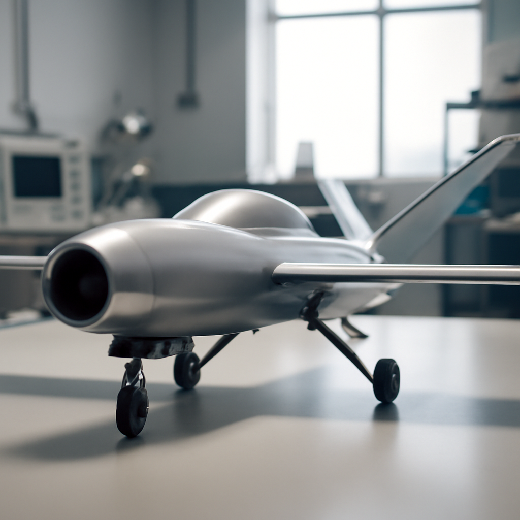 Sleek turbojet-powered drone on a clean surface in a bright laboratory setting.
