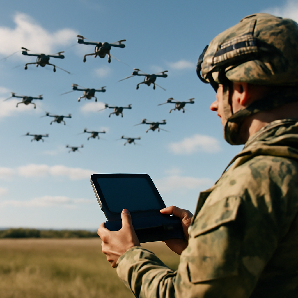 Soldier holding a control device surrounded by a swarm of small drones in flight formation under a bright daytime sky.