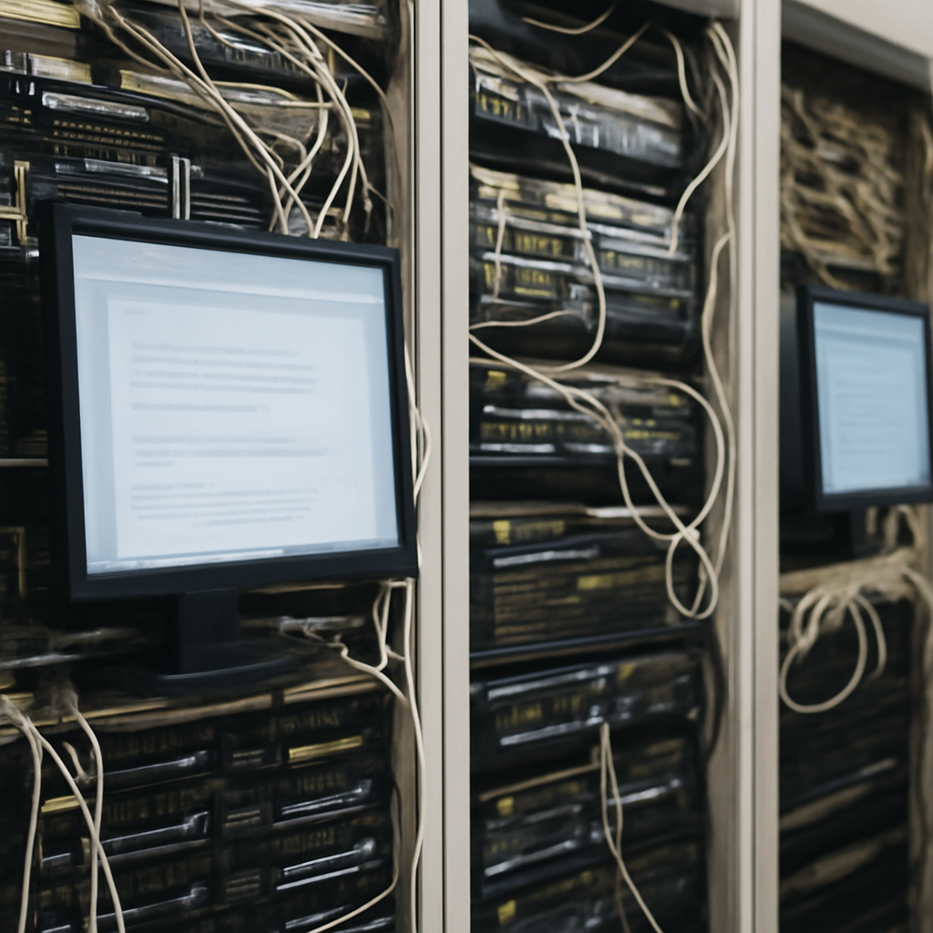 Compromised web server setup with multiple servers, cables, and network equipment.