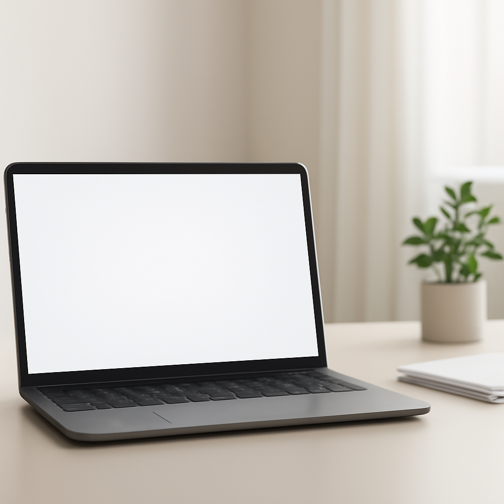 Laptop on a minimalist desk with a potted plant and stack of paper in soft natural light.