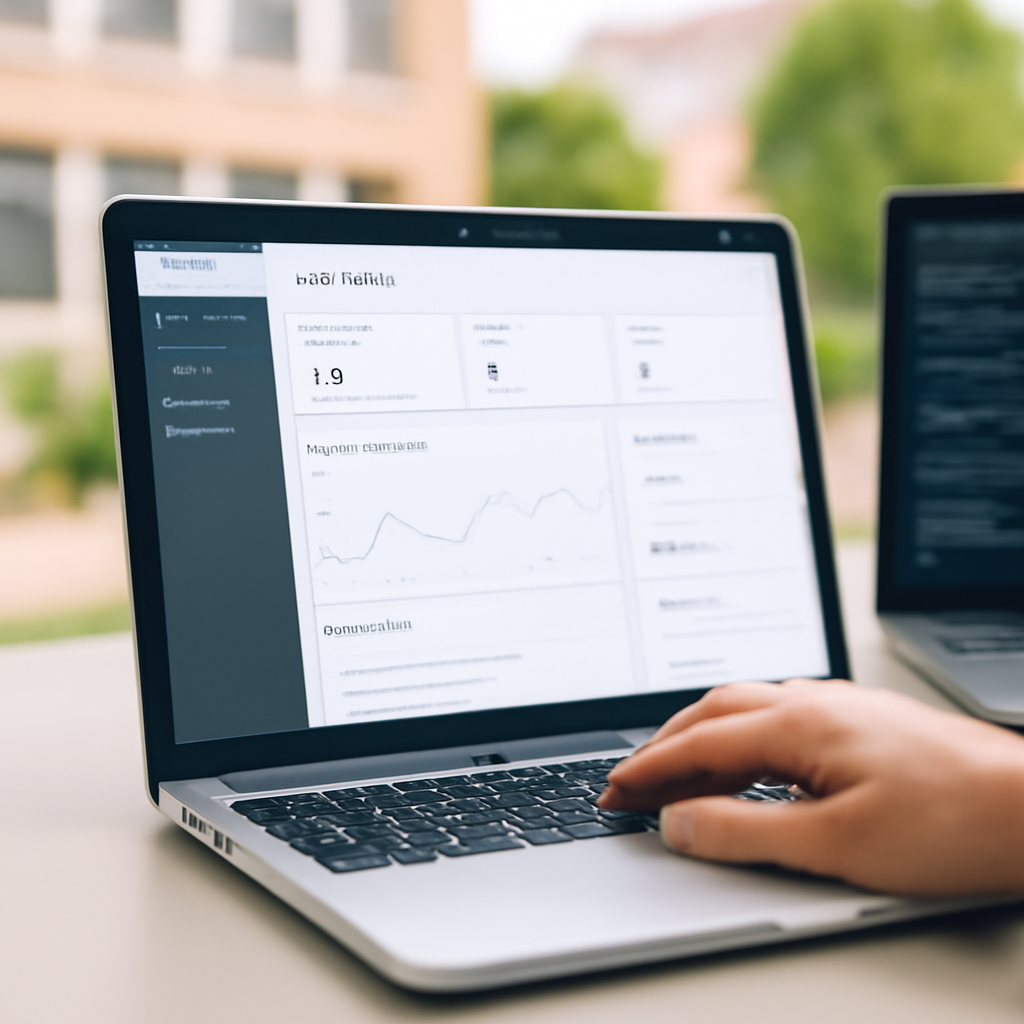 Laptop screen displays a website's content management system dashboard on a plain surface with blurred code in the…