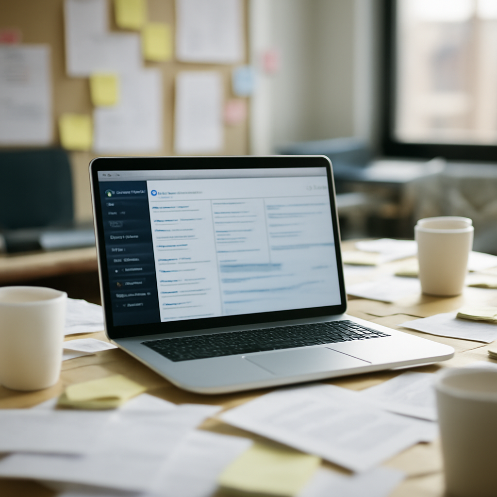 Cluttered office desk with laptop showing CMS dashboard on screen.