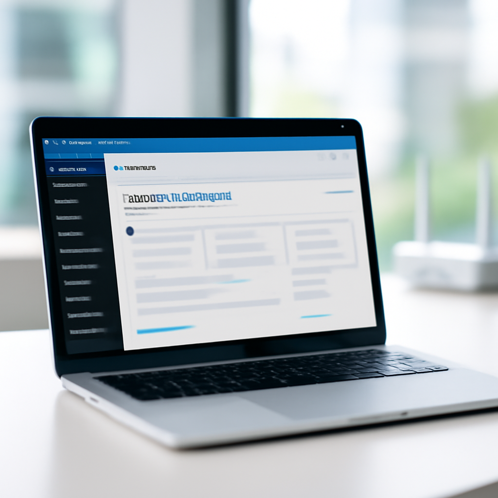 WordPress dashboard on a laptop screen in a modern office setting with a blurred cityscape background.