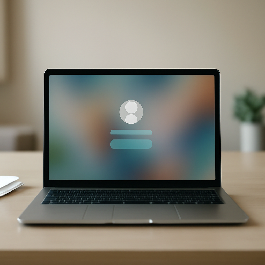 Laptop on a minimalist desk displays a blurred login screen in a quiet office setting.