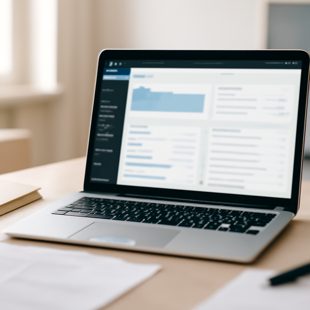 WordPress admin dashboard on a laptop in a home office with papers and notebook nearby.