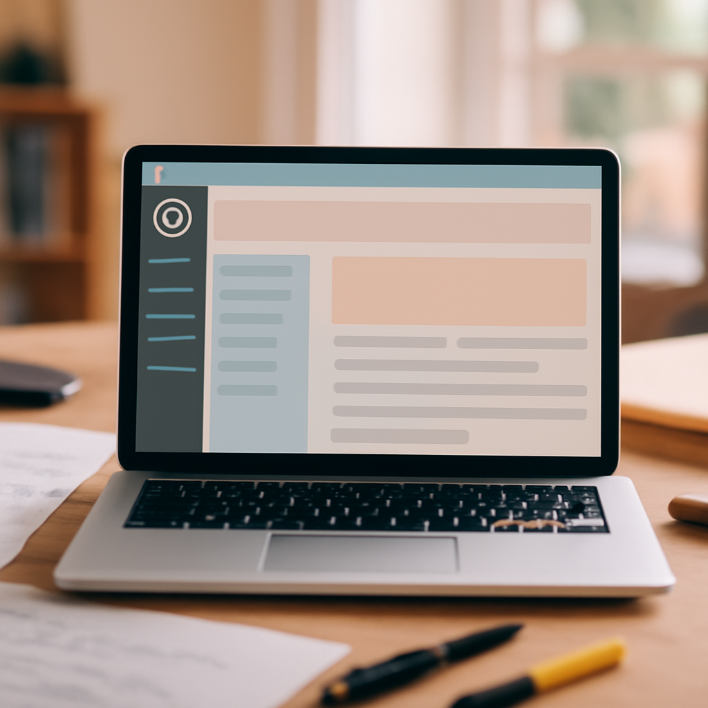 Laptop screen displays a WordPress dashboard in a home office setting.