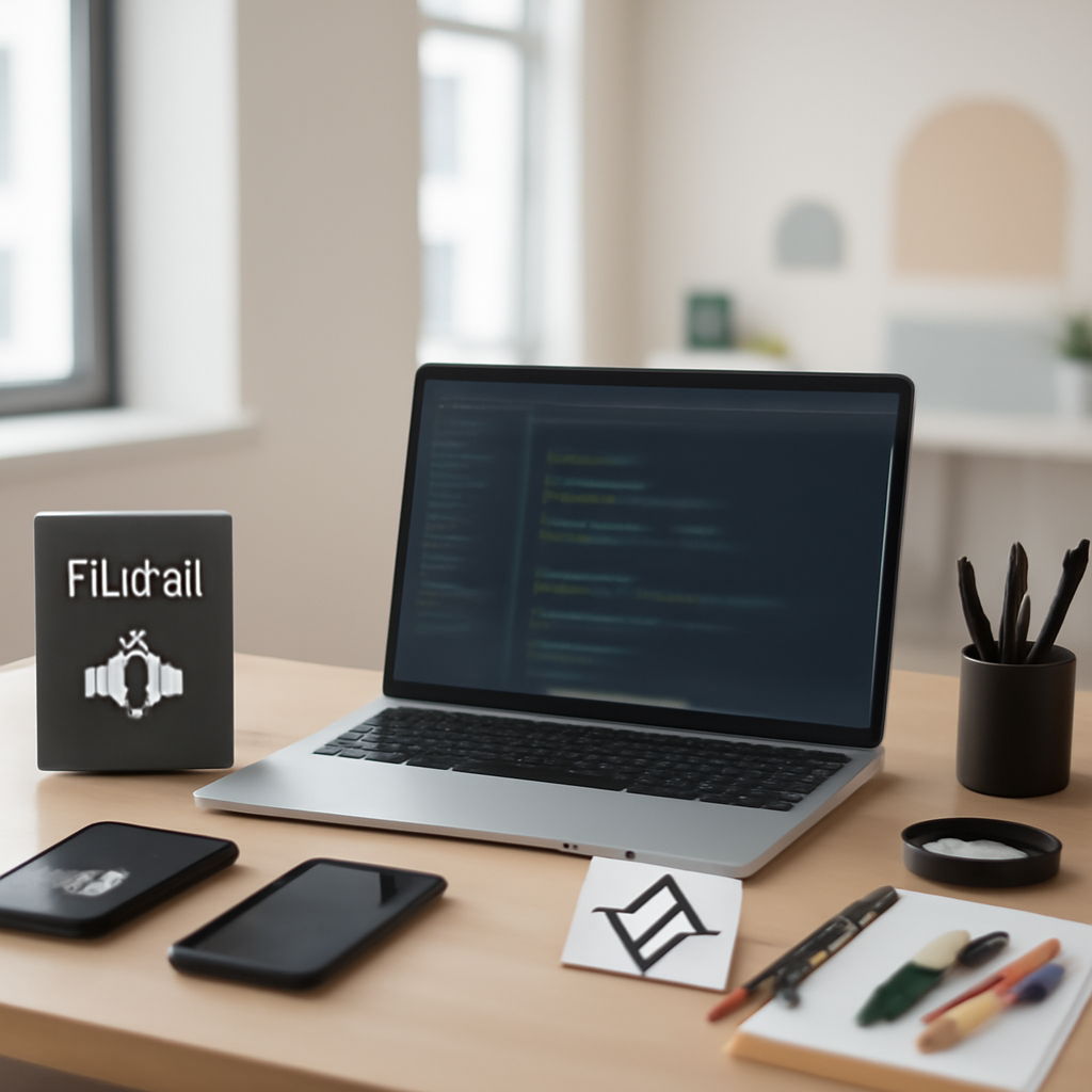 Modern office workspace with laptop and coding tools on a clean desk.