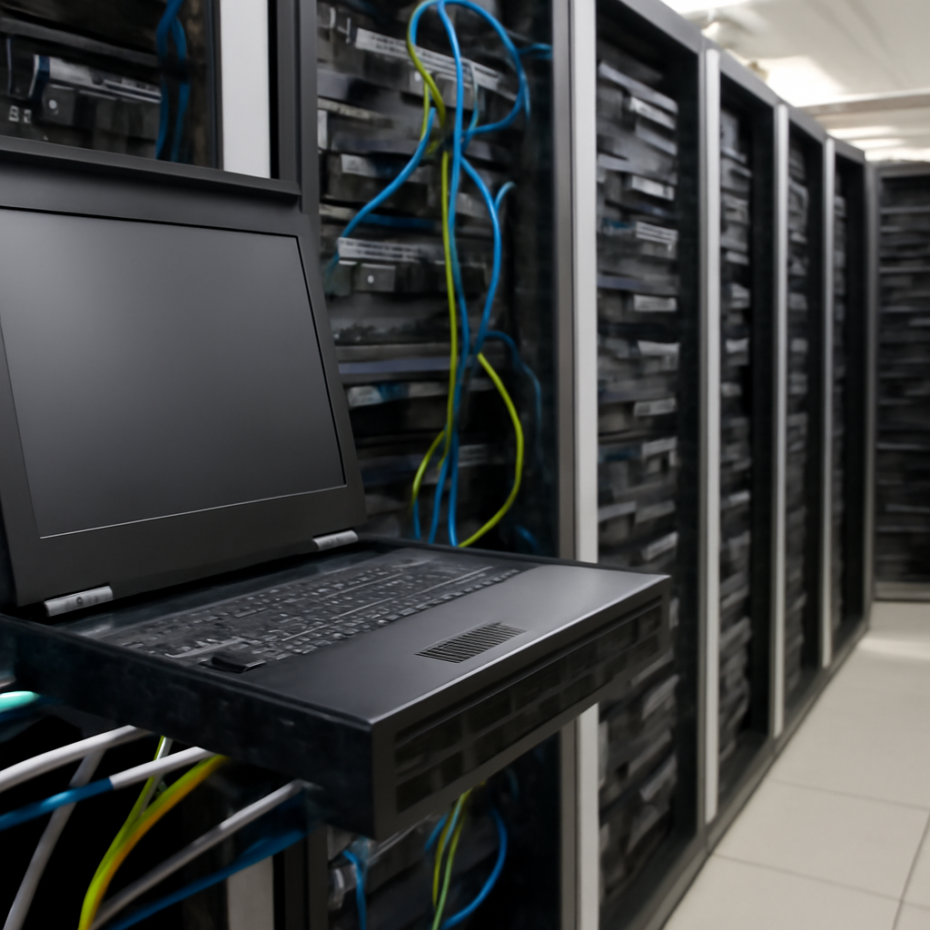 Rows of computer servers and networking equipment in a brightly-lit web server room.