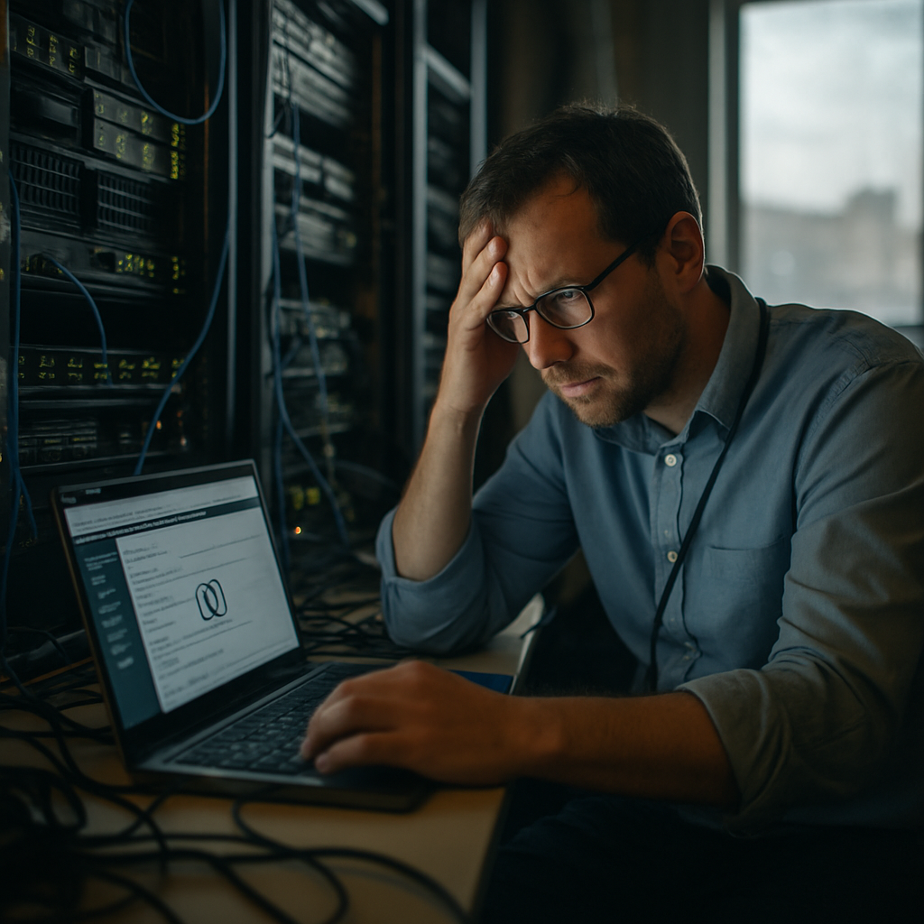 WordPress site administrator working on laptop in dimly lit server room.