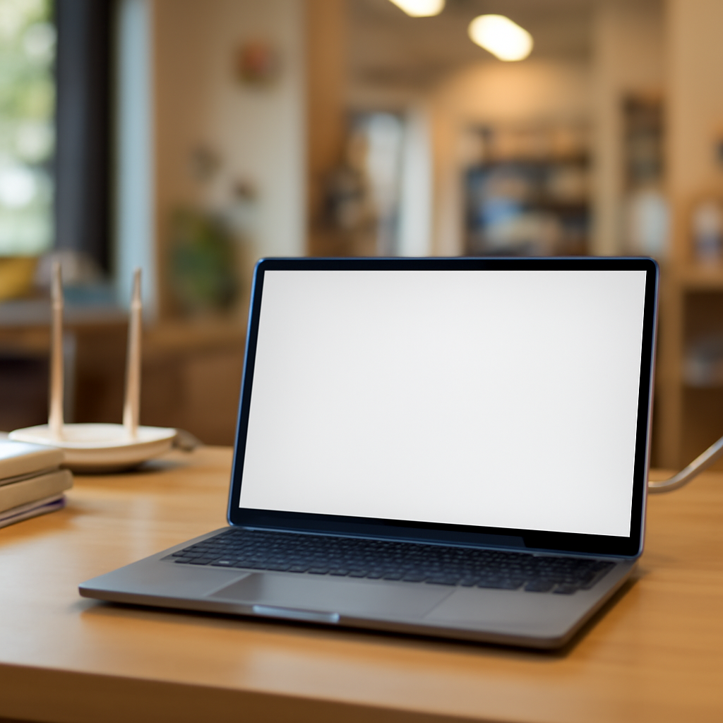 Laptop workstation with blurred screen in ordinary office setting, hinting at vulnerability.