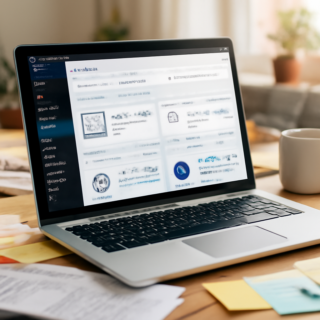 WordPress admin dashboard on laptop with plugin installation page, surrounded by cluttered workspace and office background.