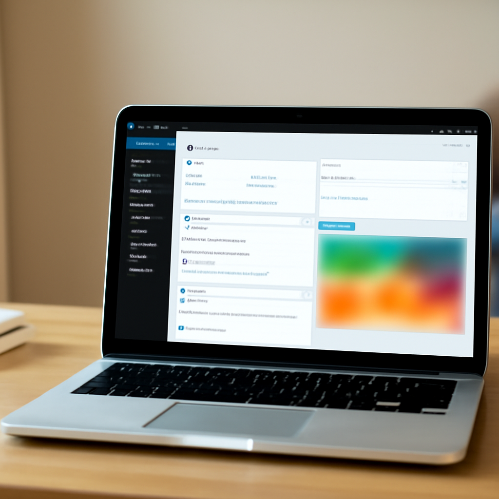 WordPress admin dashboard on laptop with blurred promotional banner feed.