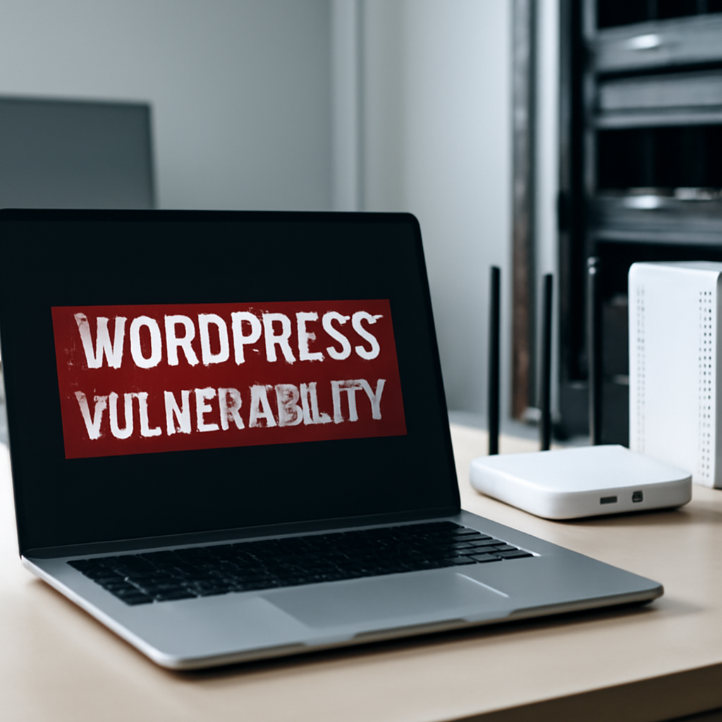Vulnerable WordPress site setup with laptop, router, and modem on a minimalist desk.