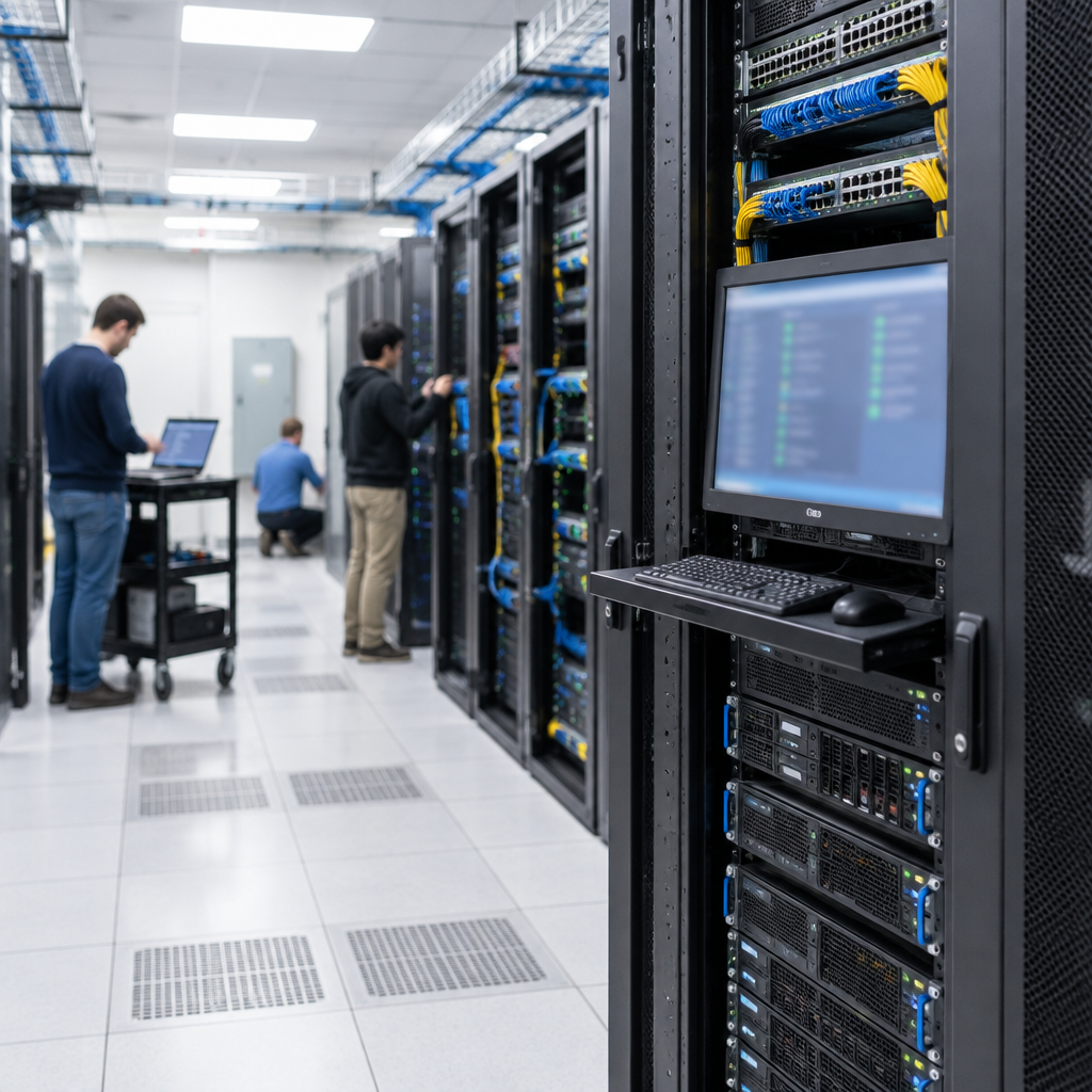 Rows of rack-mounted servers and networking equipment in a brightly-lit server room with technicians working in the…