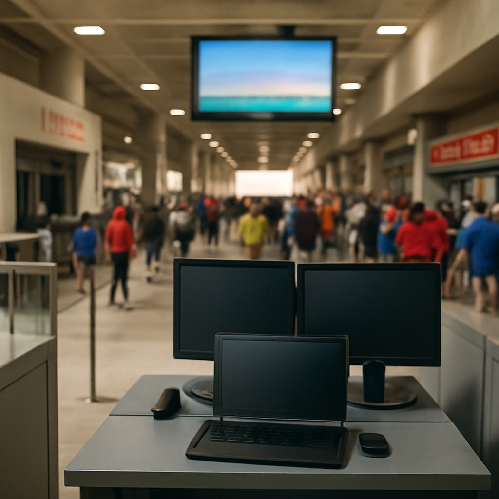 Crowded stadium concourse with spectators and a large video screen, with a laptop in the foreground.
