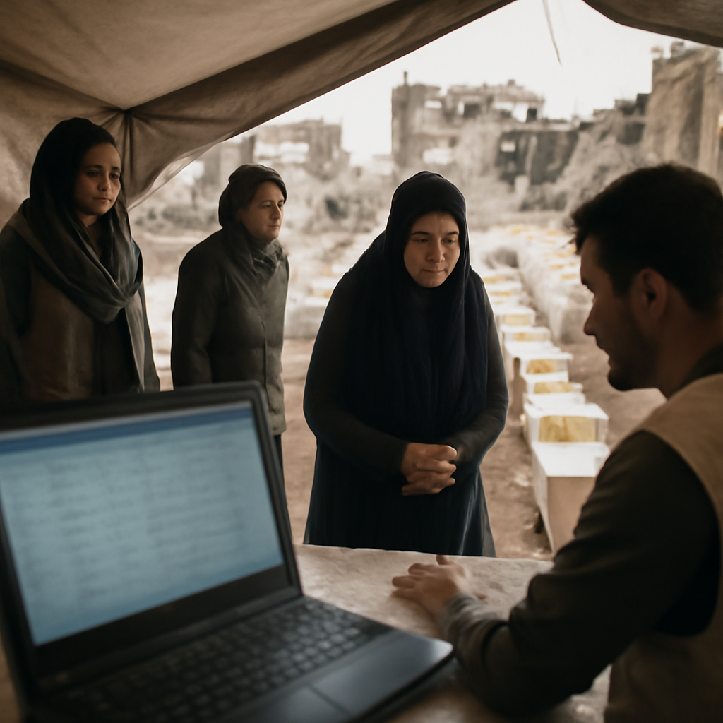 Humanitarian aid distribution point with supplies and workers amidst a somber atmosphere, with a computer screen in the…