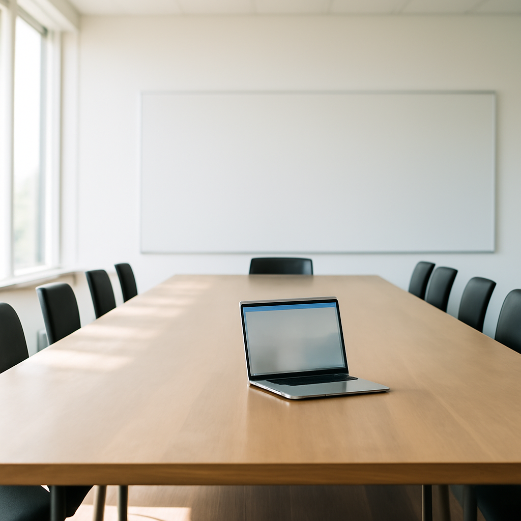 A large, empty conference room with a single laptop on a long wooden table.