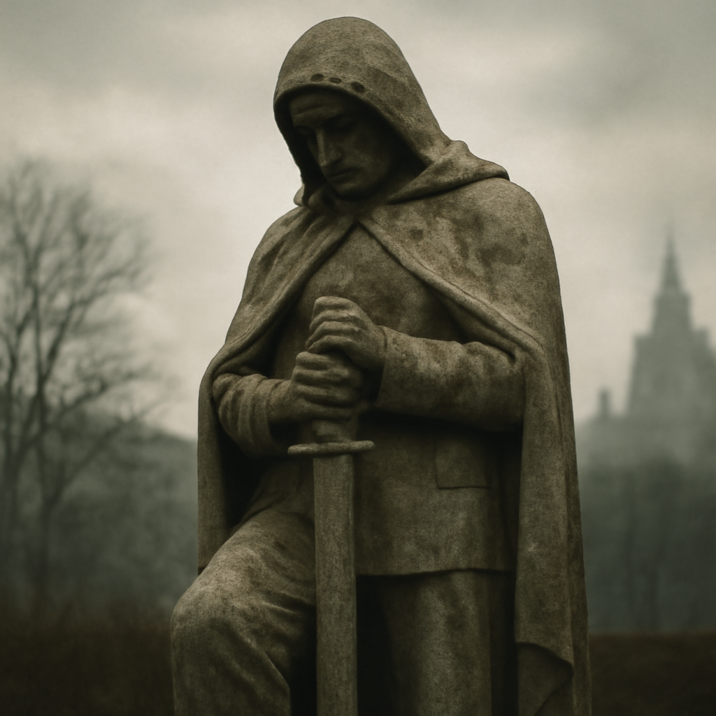A worn war memorial statue stands somberly against a blurred cityscape backdrop.