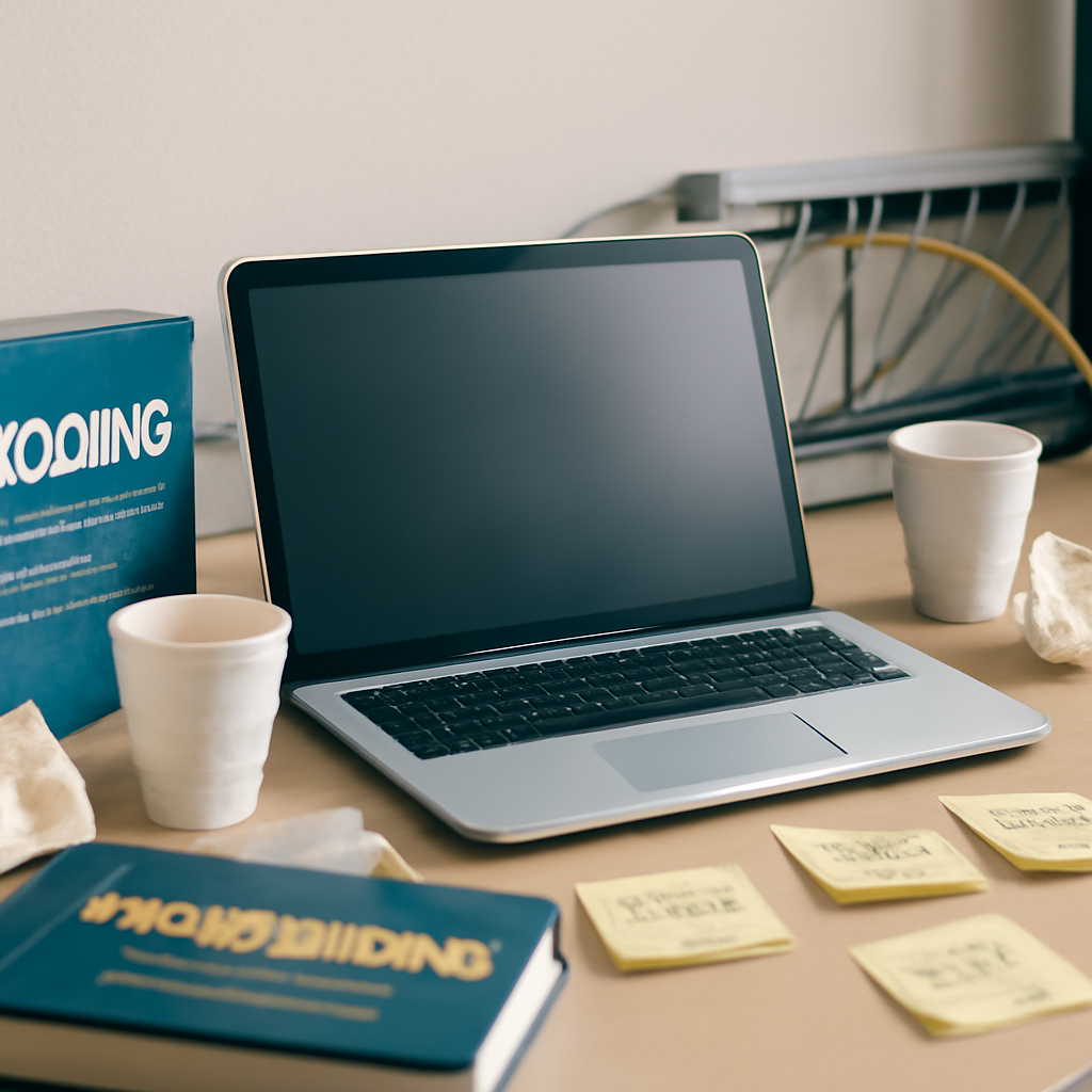 Cluttered coding workspace with laptop, manuals, and coffee cups, hinting at network infrastructure.