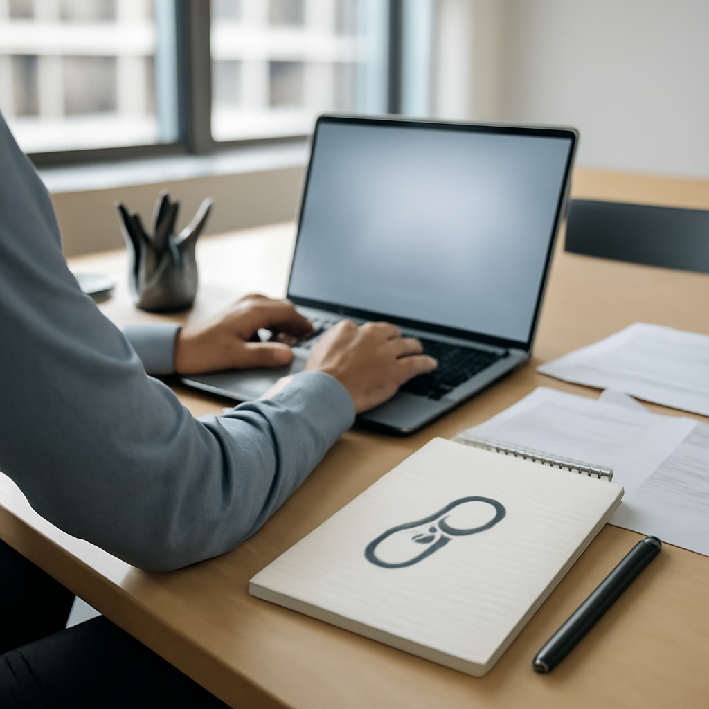 Person working at desk with laptop and papers in modern office setting.