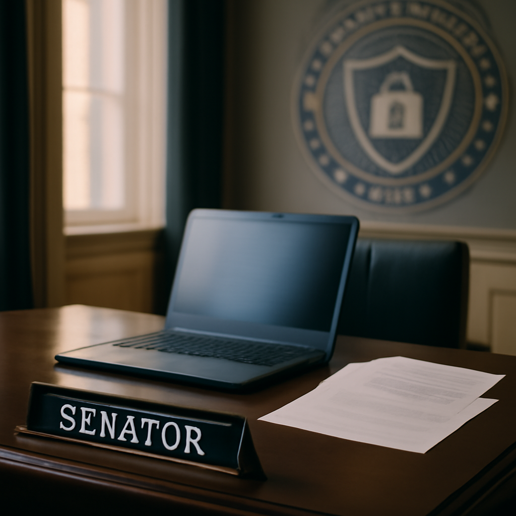 Senator's workspace with laptop and papers near a window, with a government seal in the background.