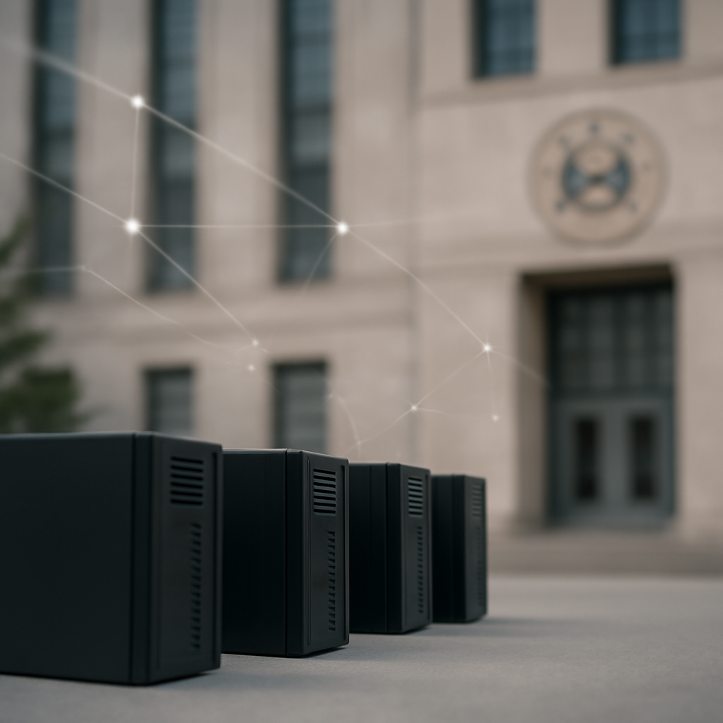 Modern computer equipment sits in front of a US government building exterior.