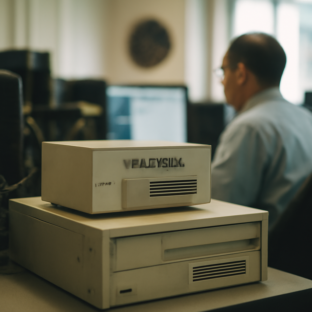 Outdated VPN server equipment sits in a government office with ambient daylight.