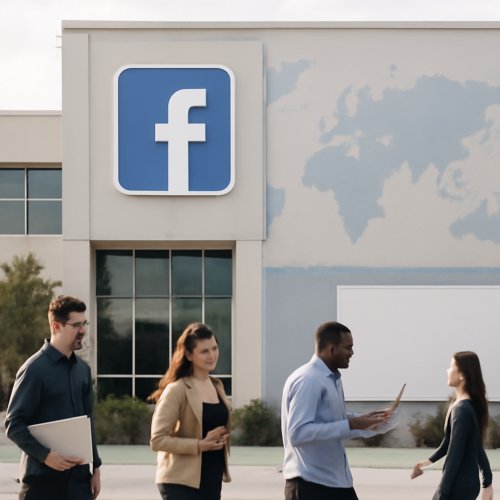 A social media company's office building with a subtle global map in the background and employees walking in the foreground.