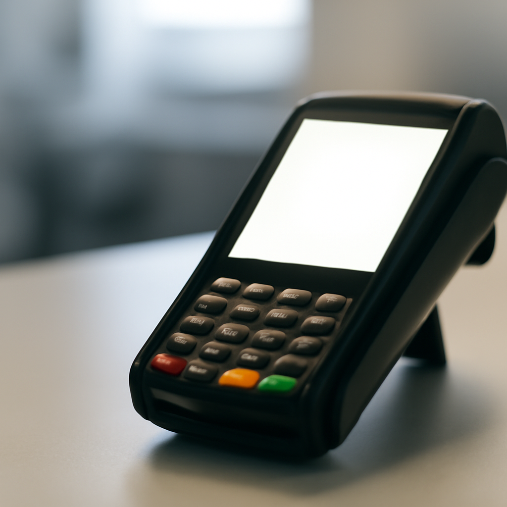Close-up of payment terminal on neutral surface, symbolizing AI vulnerability.