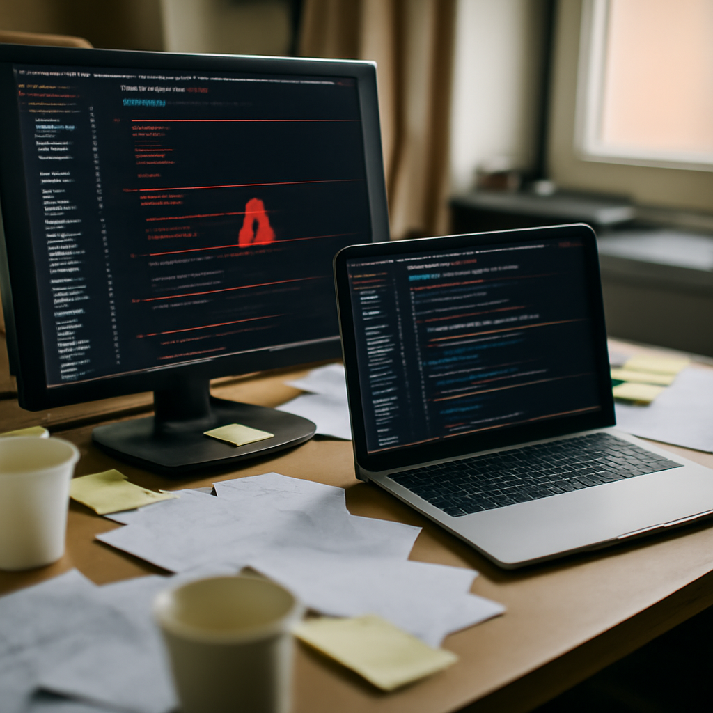 Cluttered developer workstation with Xcode project on screen amidst papers and coffee cups in soft daylight.