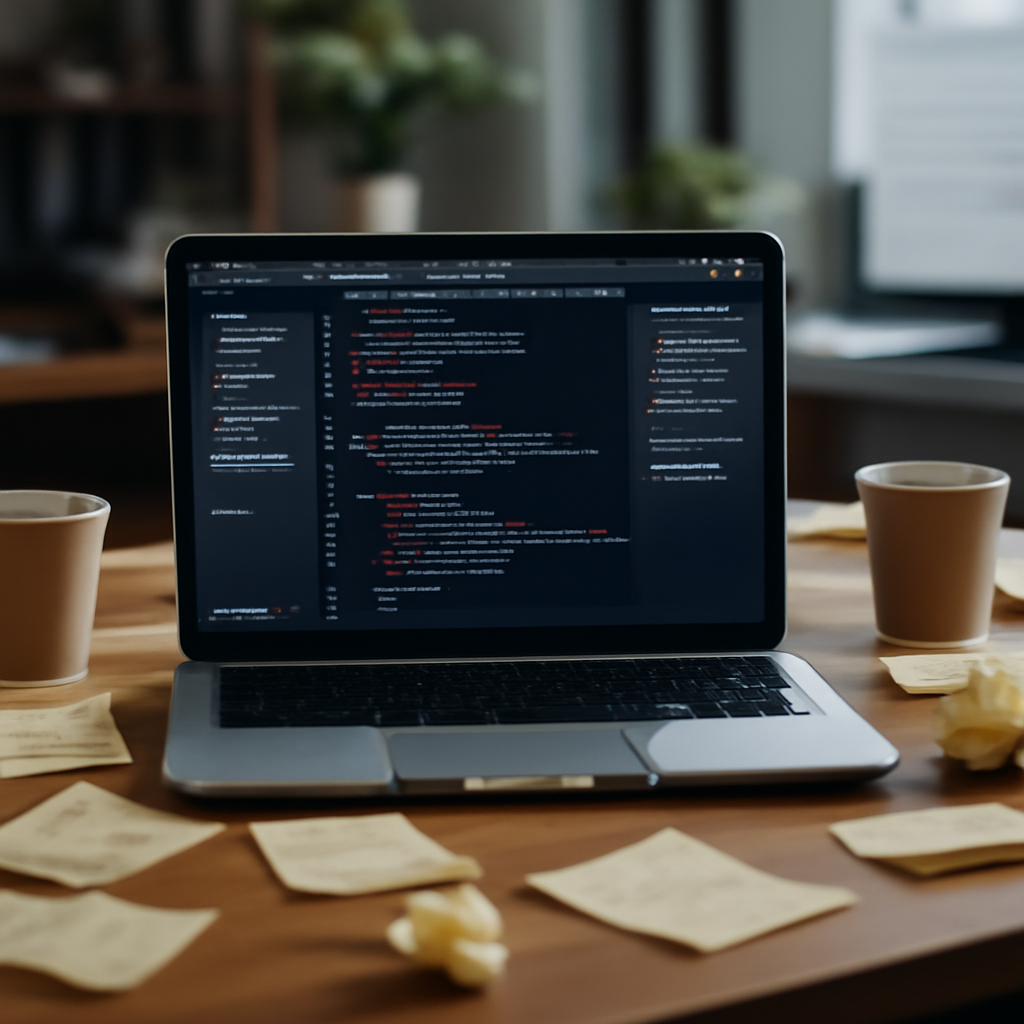 Cluttered developer workspace with MacBook and Xcode project files open.