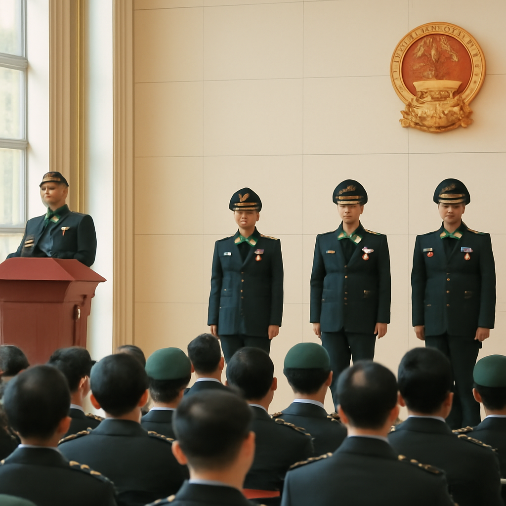 Formal military promotion ceremony in a brightly-lit Beijing auditorium with officials on stage.