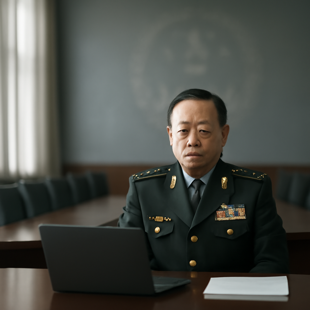 Formal government briefing room with empty conference table, blurred emblem, and senior Chinese official, under bright…