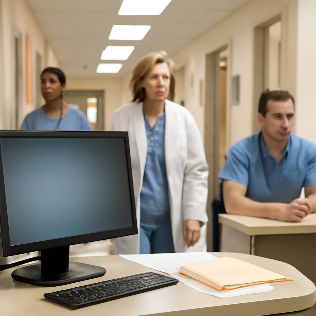 Concerned medical staff in a brightly-lit hospital corridor with a foreground computer terminal.