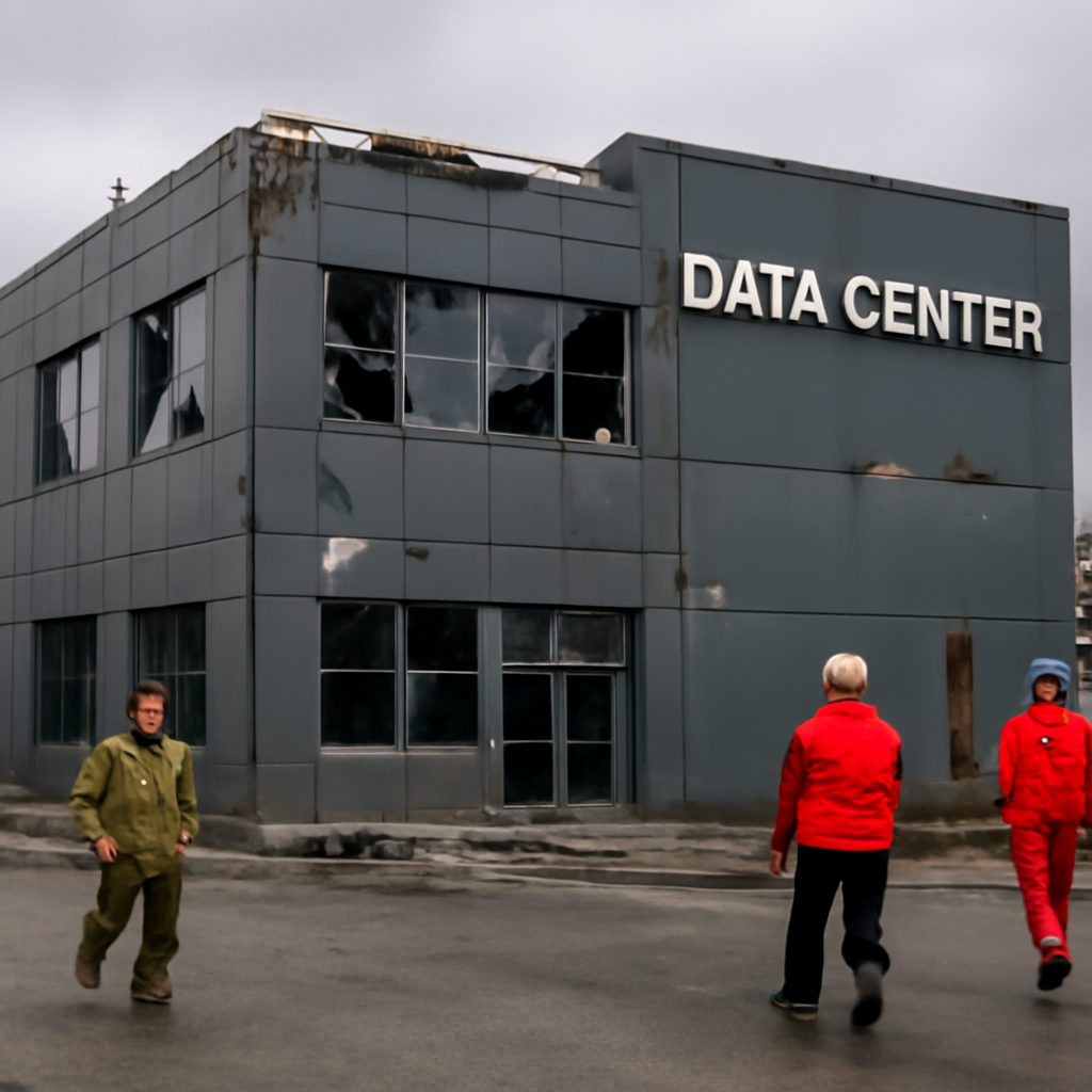Data center building with visible damage and emergency response vehicles nearby.