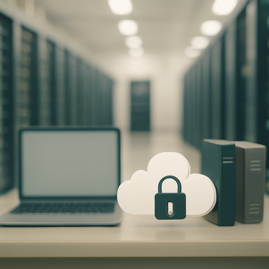 Blurred workstation and abstracted objects near rows of servers in a brightly-lit data center interior.