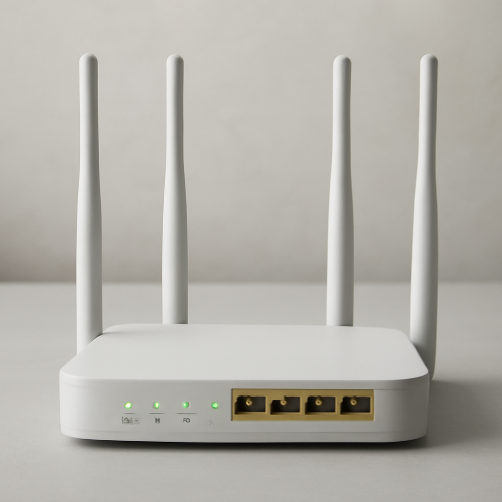 A generic router sits on a neutral surface with visible lights and ports.