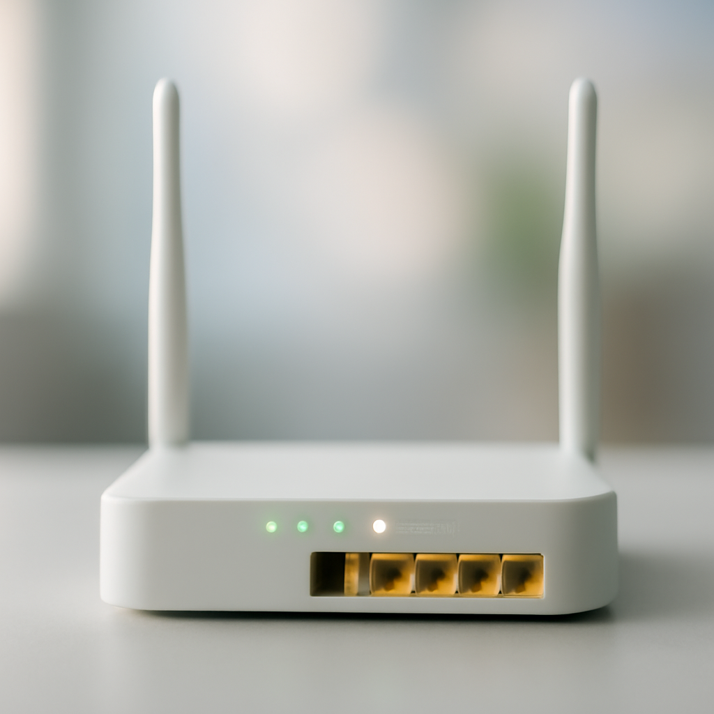 Generic router on a neutral surface with visible lights and ports, conveying vulnerability.