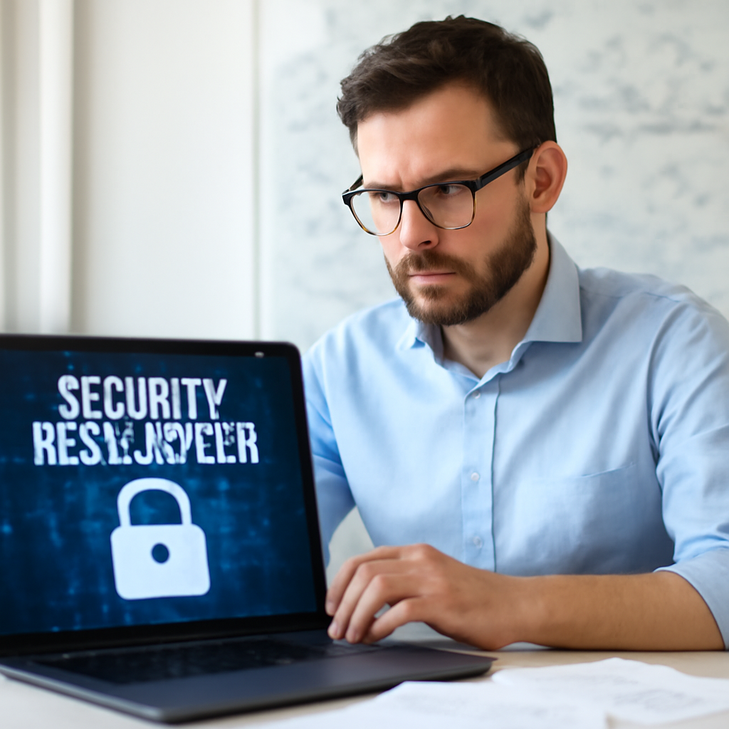 Security researcher working on laptop in lab setting with notes in background.