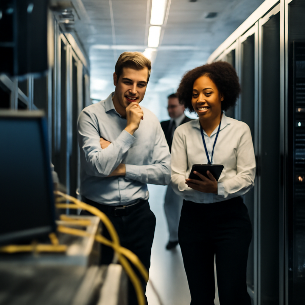 Concerned technicians assess situation in a brightly-lit data center with rows of server racks.