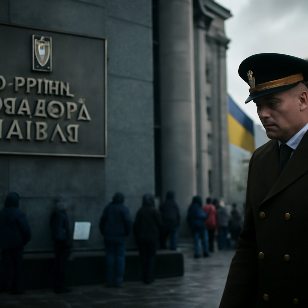 Ukrainian official walks past distant protesters outside government building under cloudy sky.
