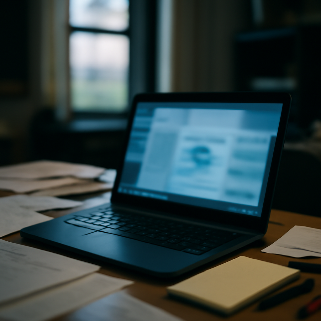 Cluttered workspace with laptop showing abstract system interface on screen.