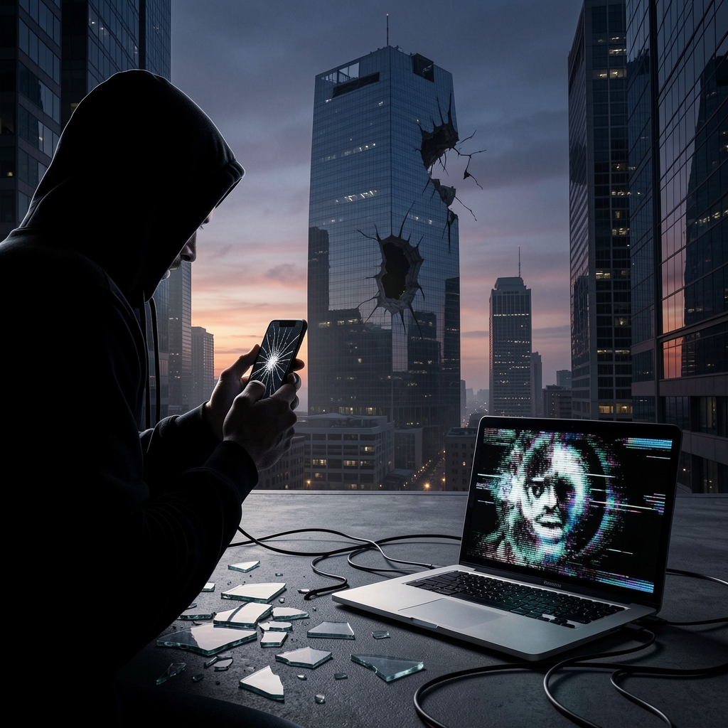 Dark cityscape with skyscraper vulnerability and shadowy figure holding damaged smartphone and laptop.