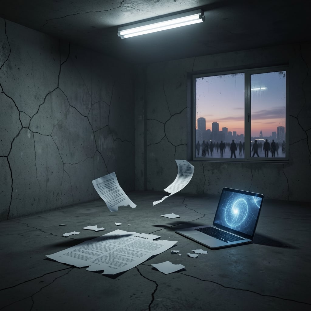 Torn and shredded PDF document scattered on cracked concrete floor under flickering fluorescent light.