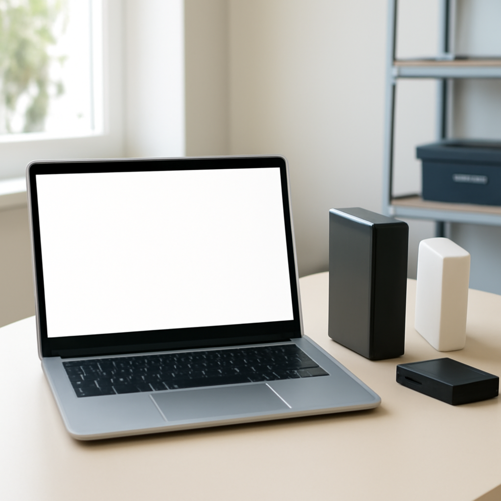 Windows laptop on a clean desk with blank screen and storage devices nearby.