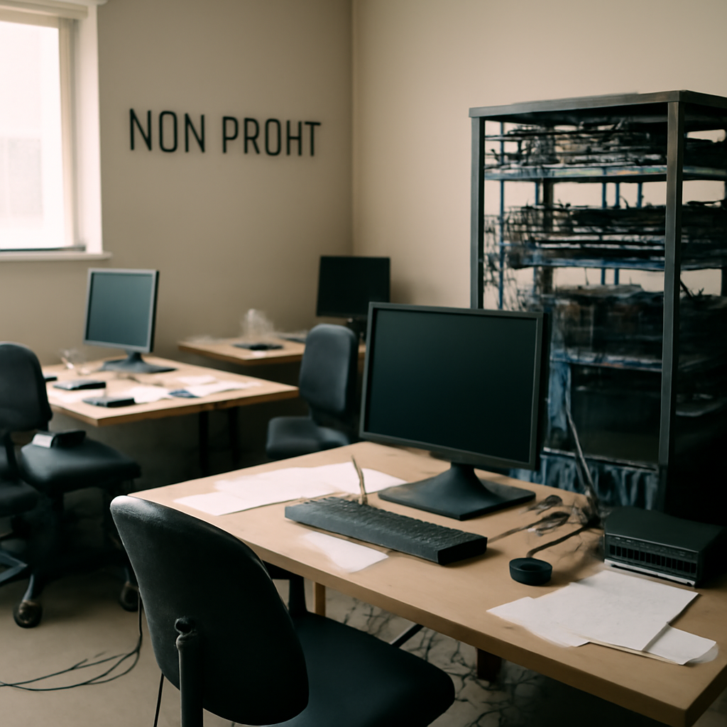 A brightly-lit IT workstation area with desks, computer equipment, and networking gear.