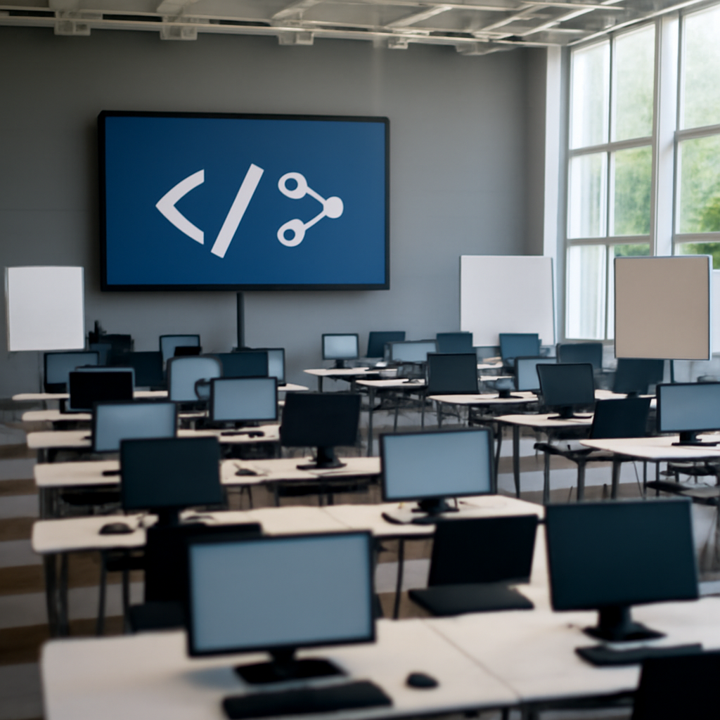 Empty exhibition hall with computer workstations and a large screen display.